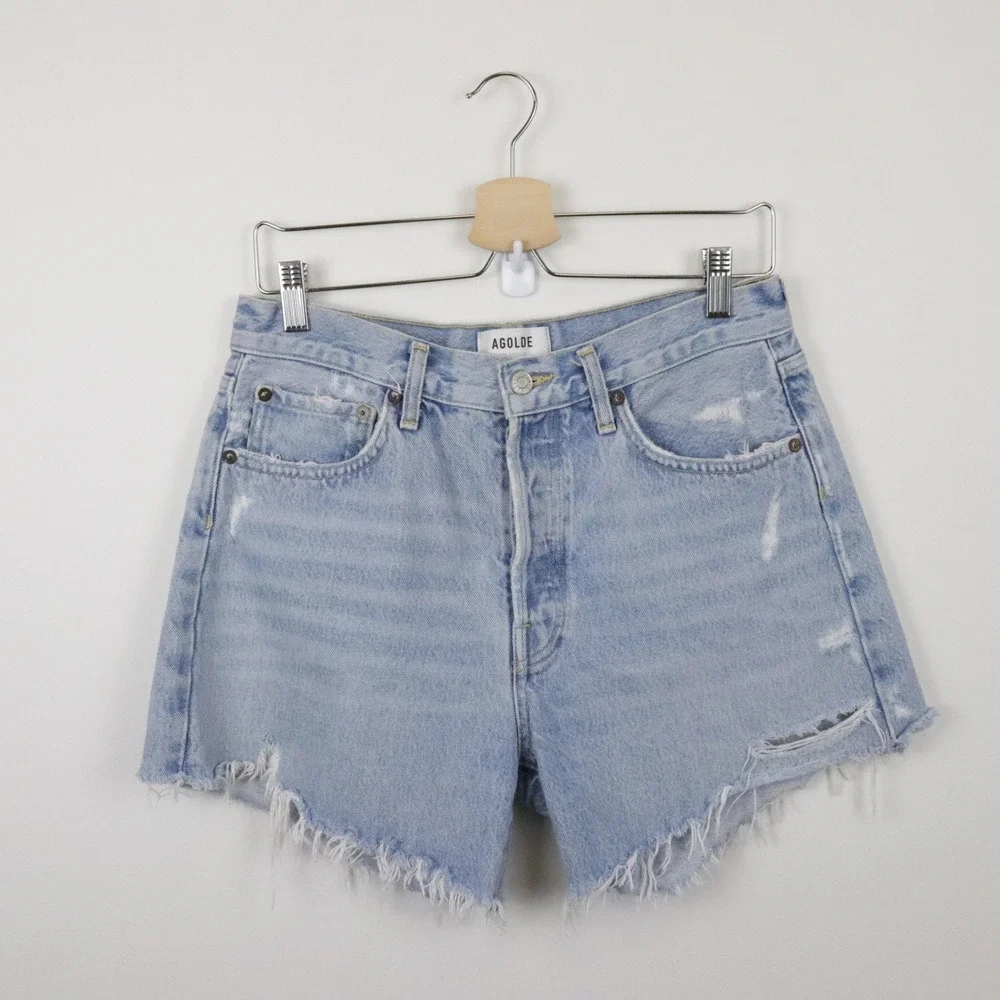 AGOLDE Parker Long Shorts Swapmeet 28 High Rise Distressed Denim Light Wash Blue